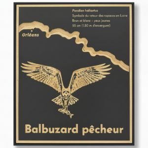Tableau BALBUZARD – Animal de Loire en gravure sur bois, fond noir – Standard