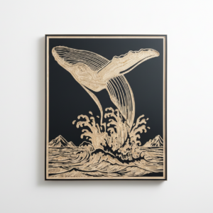 Tableau BALEINE – Gravure sur bois, fond noir – Standard