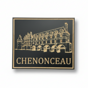 Tableau CHÂTEAU DE CHENONCEAU – Gravure sur bois, fond noir – Petit