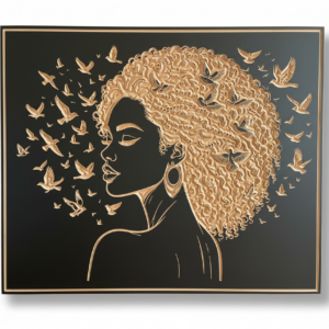Tableau Sonore ENVOLÉE – Portrait féminin en gravure sur bois, fond noir – ENCEINTE de 20 à 200 watts 