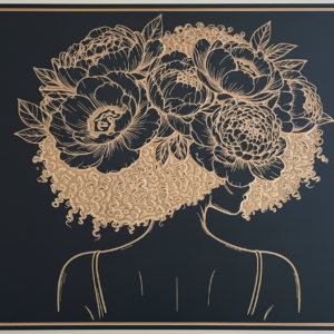 Tableau PIVOINE – Portrait féminin en gravure sur bois, fond noir – Grand