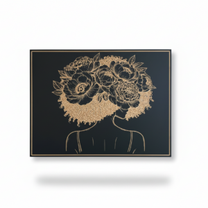 Tableau PIVOINE – Portrait féminin en gravure sur bois, fond noir – Standard
