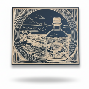 Tableau POISSON Face à la mer – Gravure sur bois, fond noir   – Standard