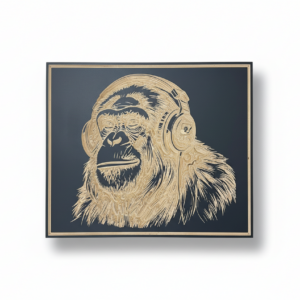 Tableau JUNGLE – Gorille en gravure sur bois, fond noir – Standard